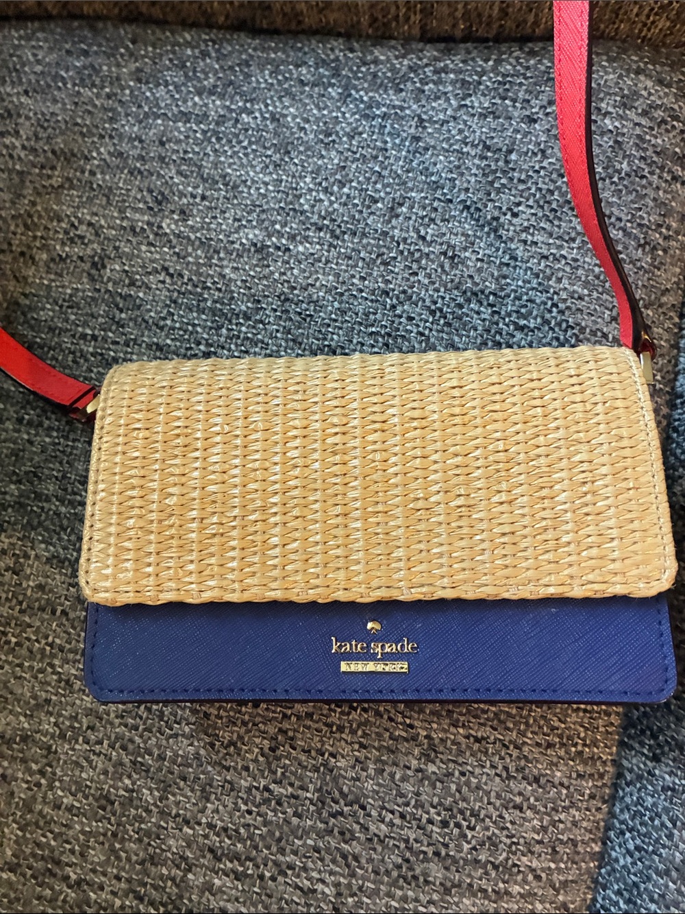 kate spade Blue and Natural Straw Flap Crossbody with Red Strap